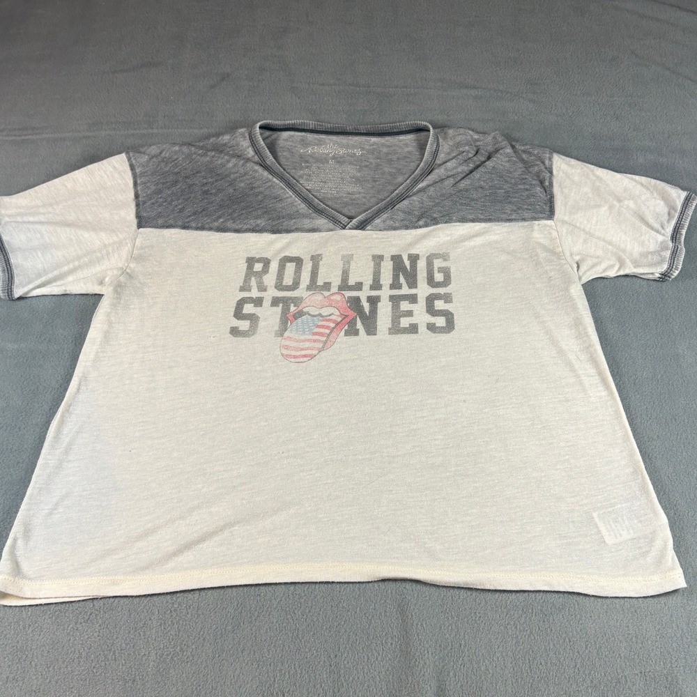 American Eagle Rolling Stones Graphic T-Shirt Grey White V-Neck Womens Medium